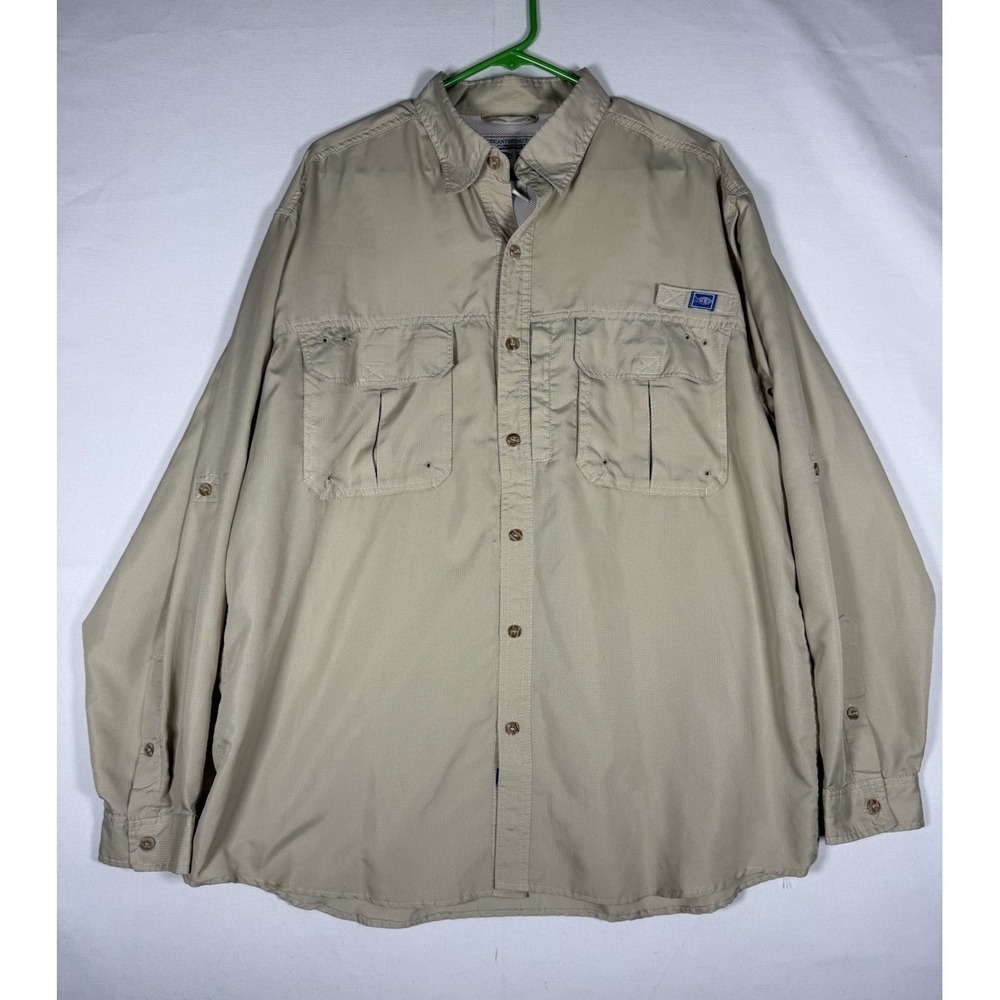AFTCO Shirt Men's Large Beige Utility Long Sleeve Pockets Vented Fishing